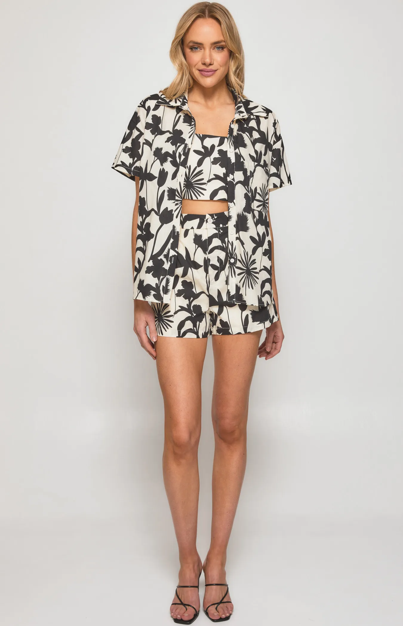 Abstract Print 3 Piece Tube Top, Shirt and Shorts Set (WSE274A)