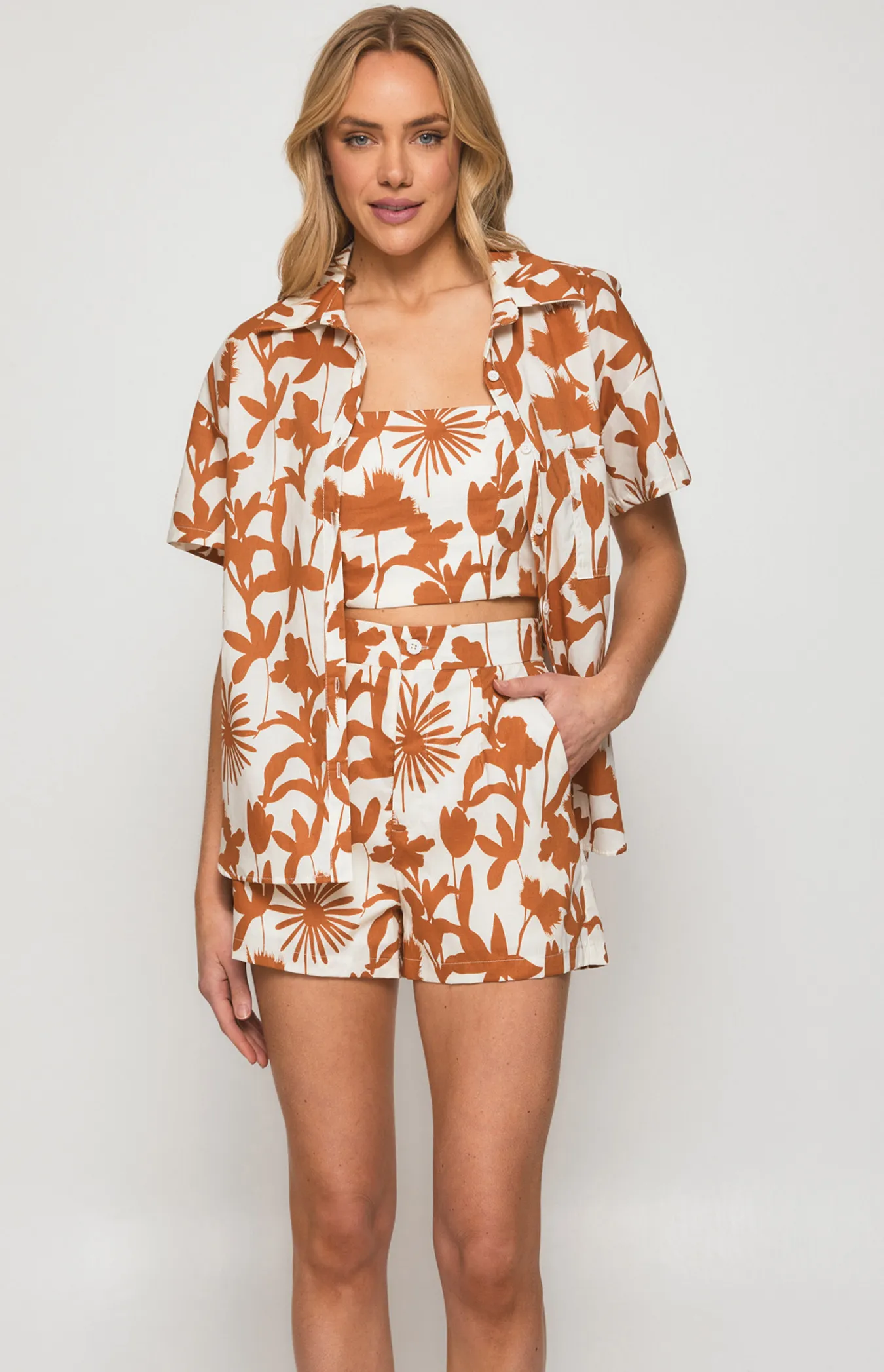 Abstract Print 3 Piece Tube Top, Shirt and Shorts Set (WSE274A)