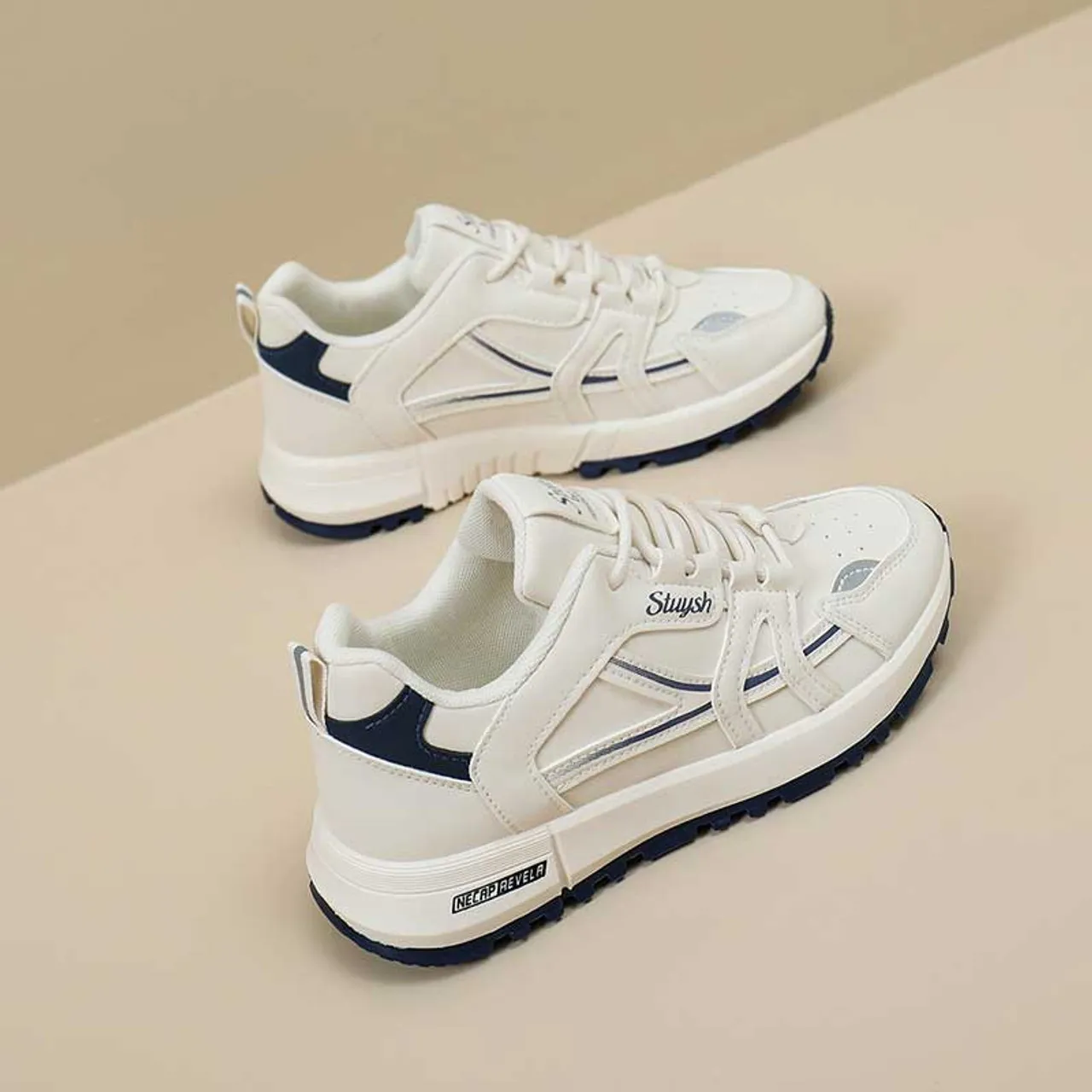 Beige blue stripe & logo print shoe sneaker