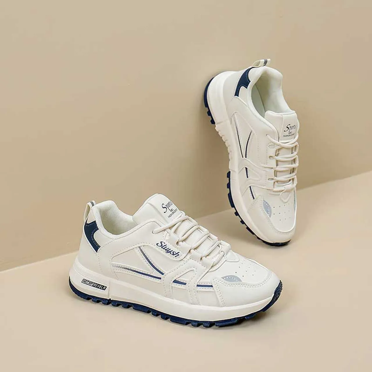 Beige blue stripe & logo print shoe sneaker