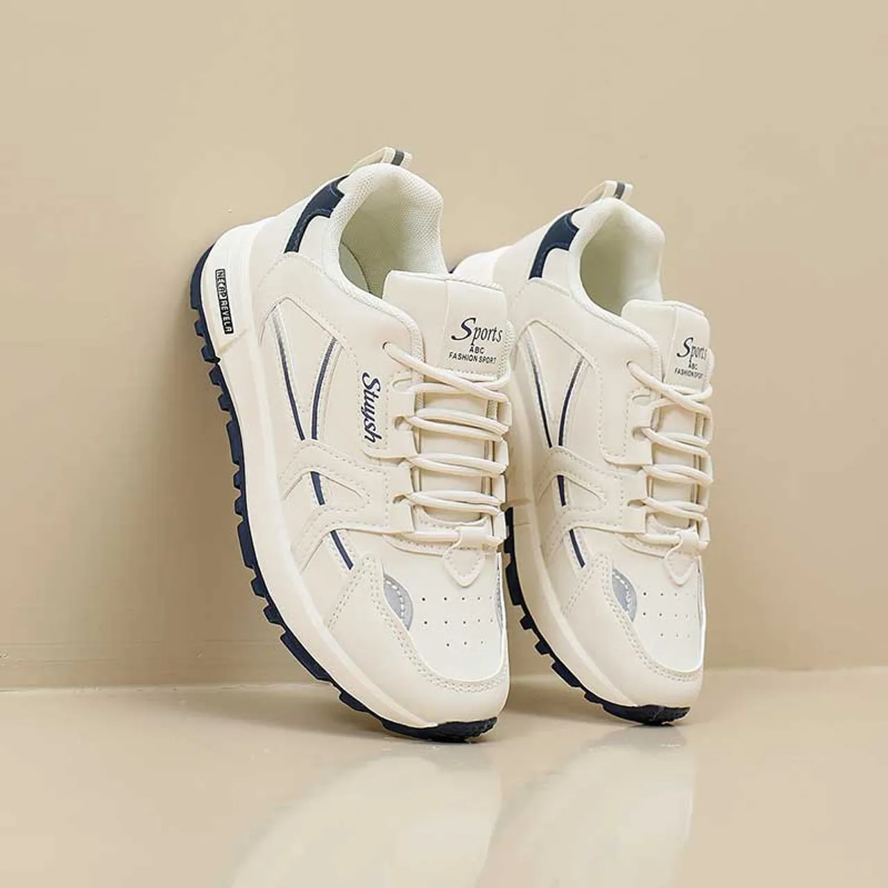 Beige blue stripe & logo print shoe sneaker