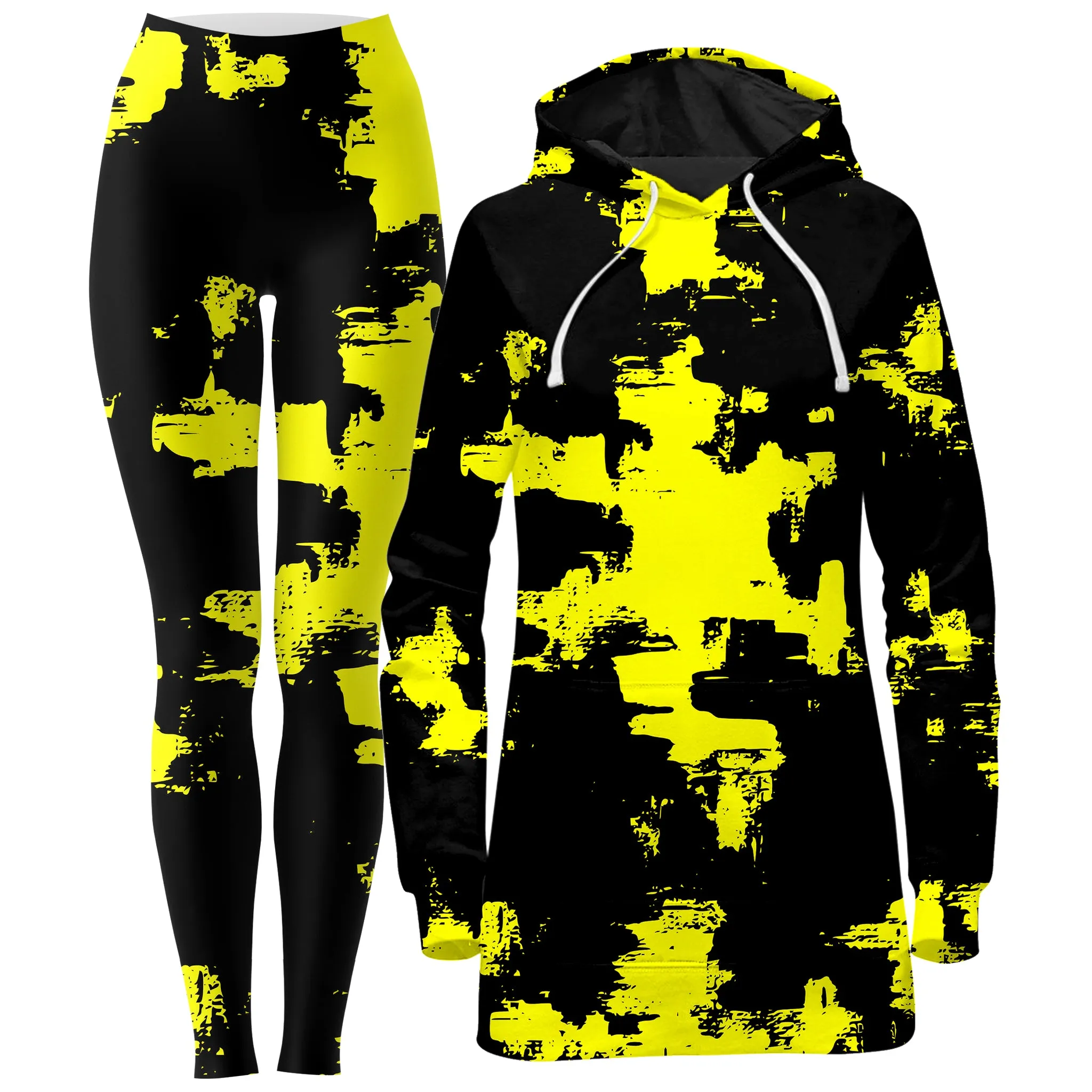 Black and Yellow Abstract Hoodie Dress and Leggings Combo