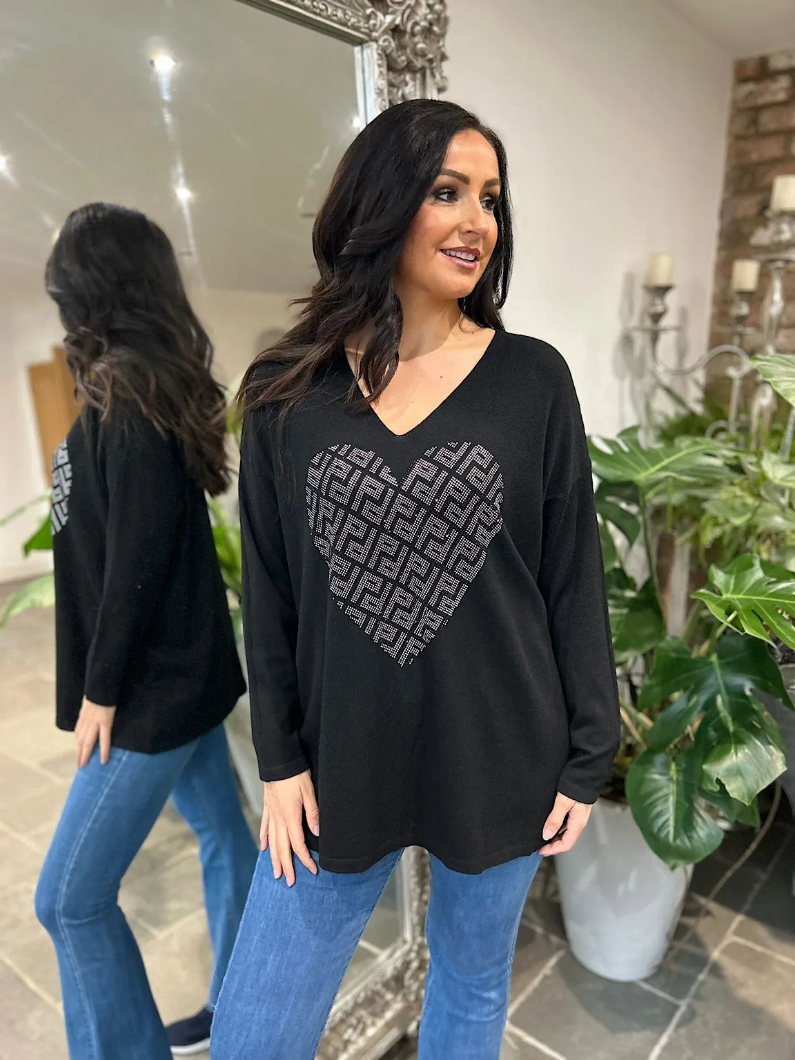 Black Diamante Heart Knit Gail