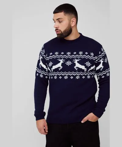 boohoo Mens Plus Reindeer Fairisle Panel Christmas Sweater