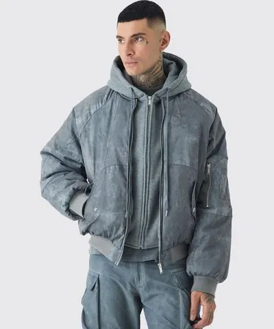 boohooMAN Mens Tall Boxy Washed Padded Hooded Bomber Jacket In Grey