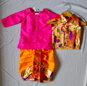 Boy's pink premium Paithani with peacock border dhoti kurta with jacket