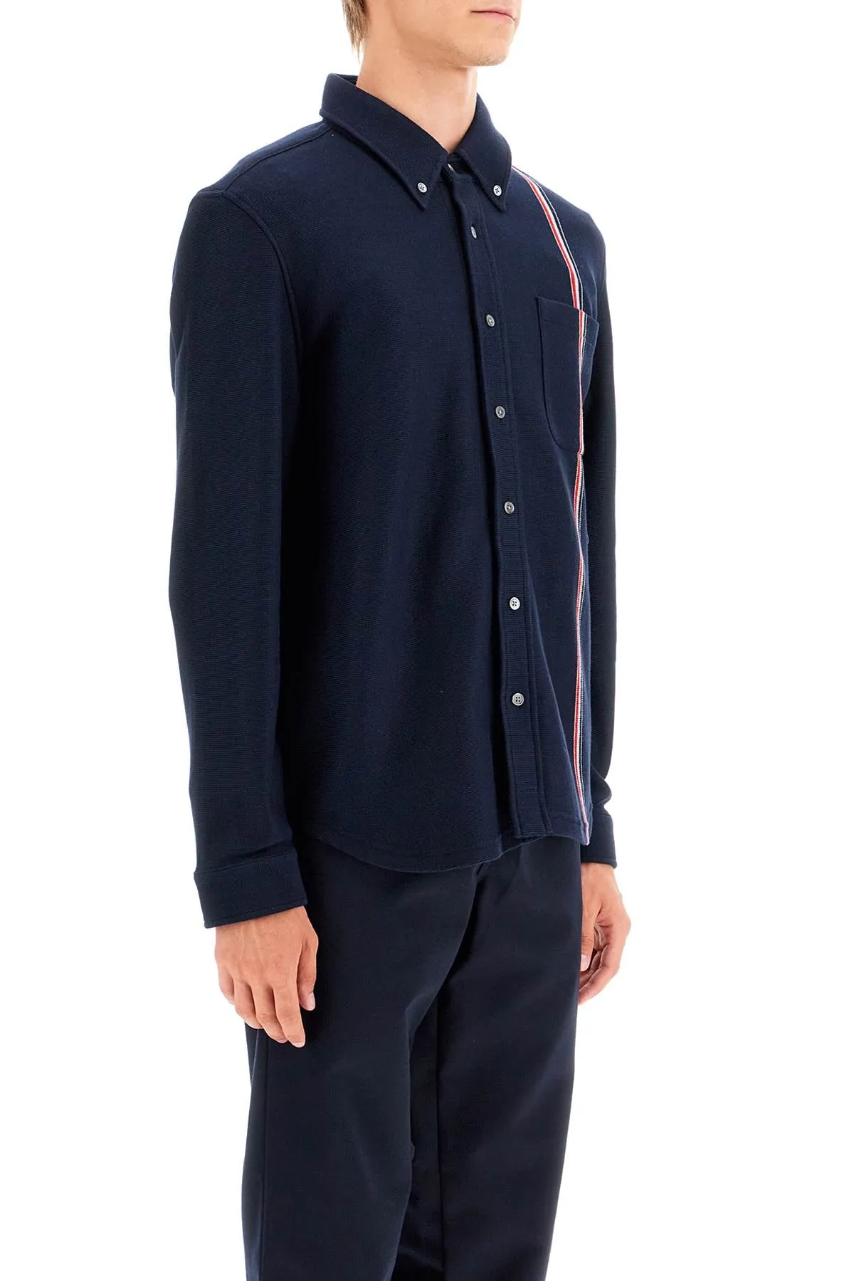 button-down overshirt in knit with tricolor MJT497A J0139 NAVY