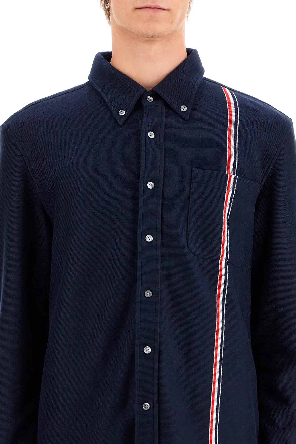 button-down overshirt in knit with tricolor MJT497A J0139 NAVY