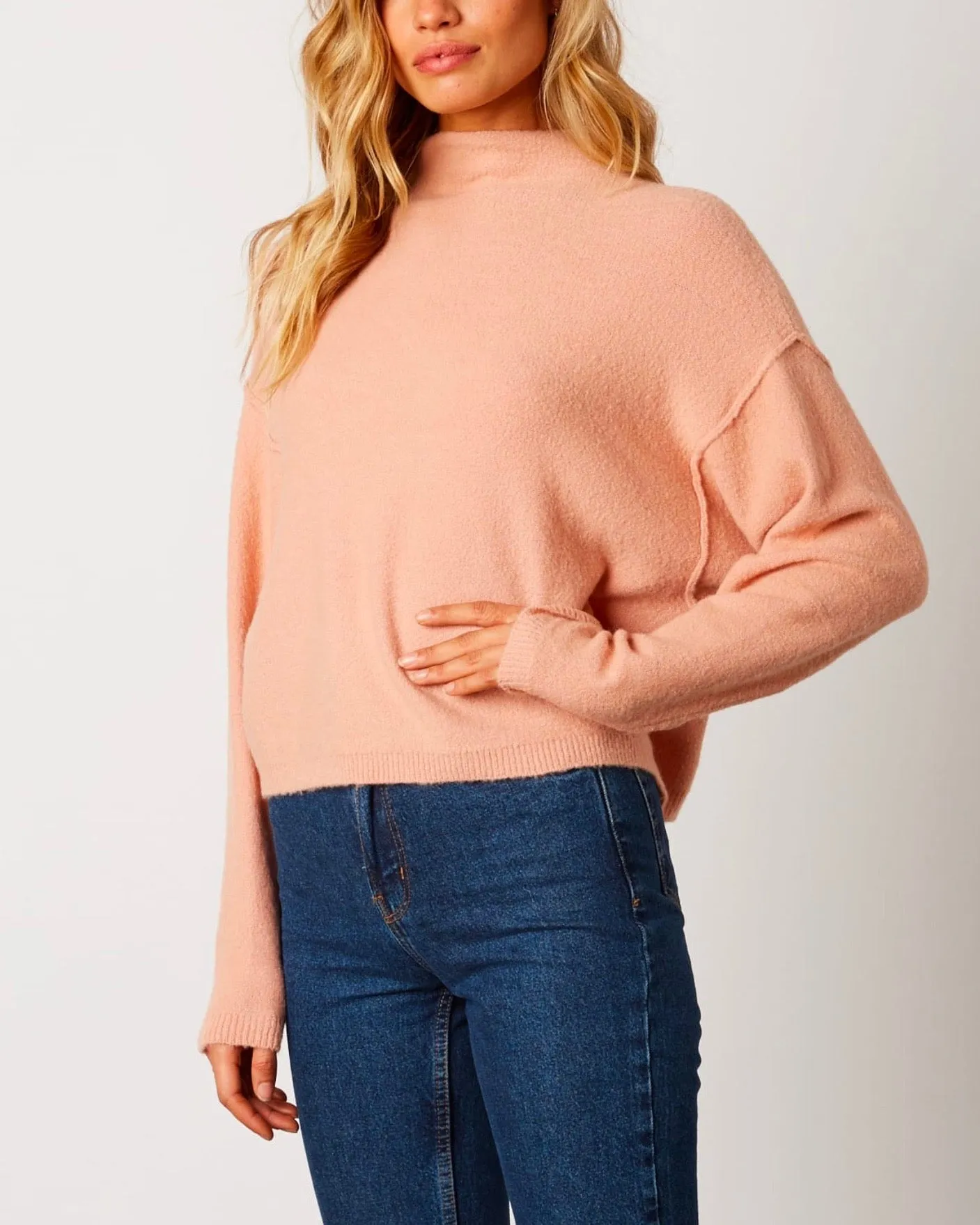 Cotton Candy LA - Mock Neck Ribbed Trim Dropped Shoulders Sweater in Blush