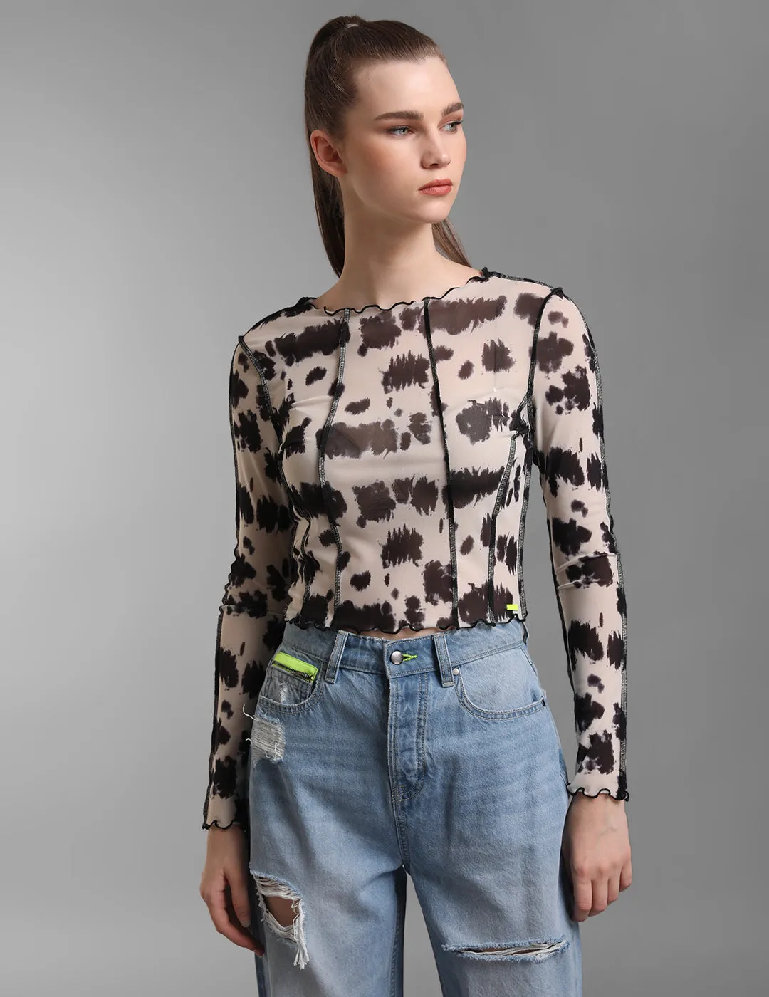 Cow Print Mesh Top