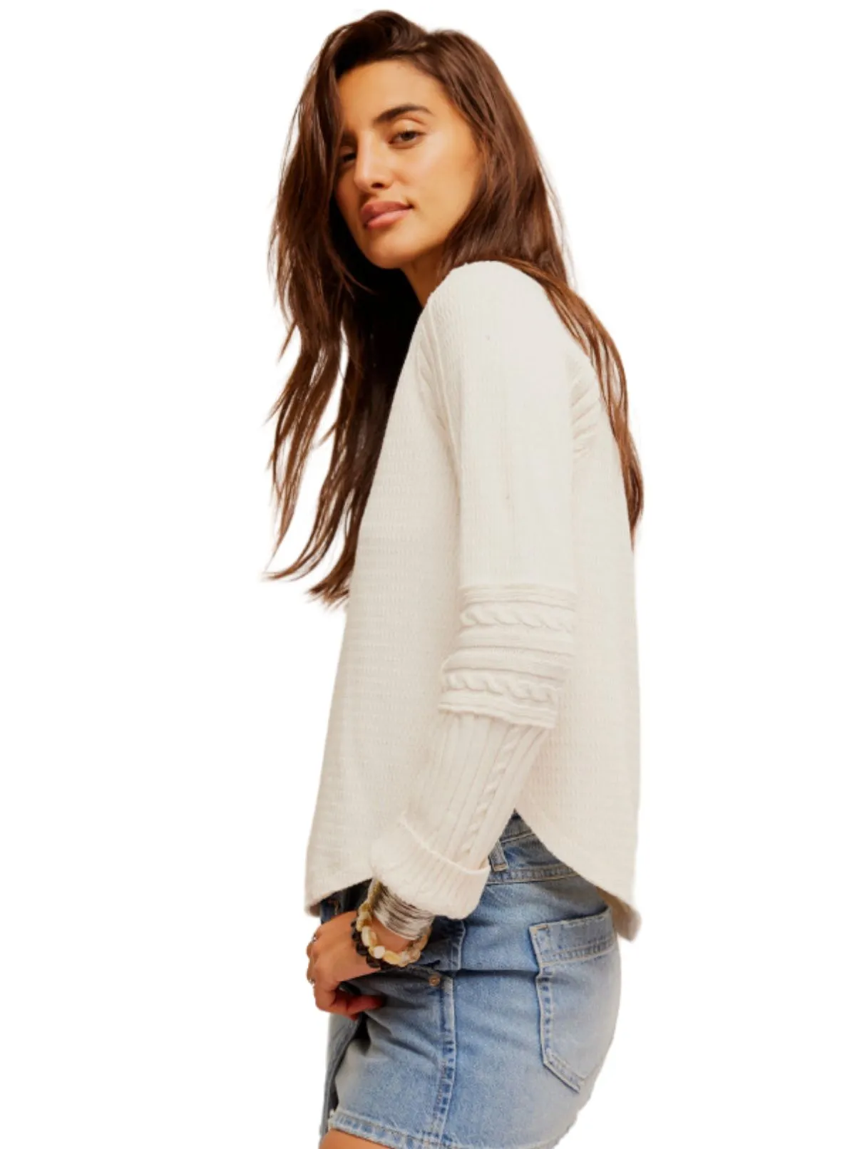 Free People Swinging Cable Cuff Sweater in Ivory