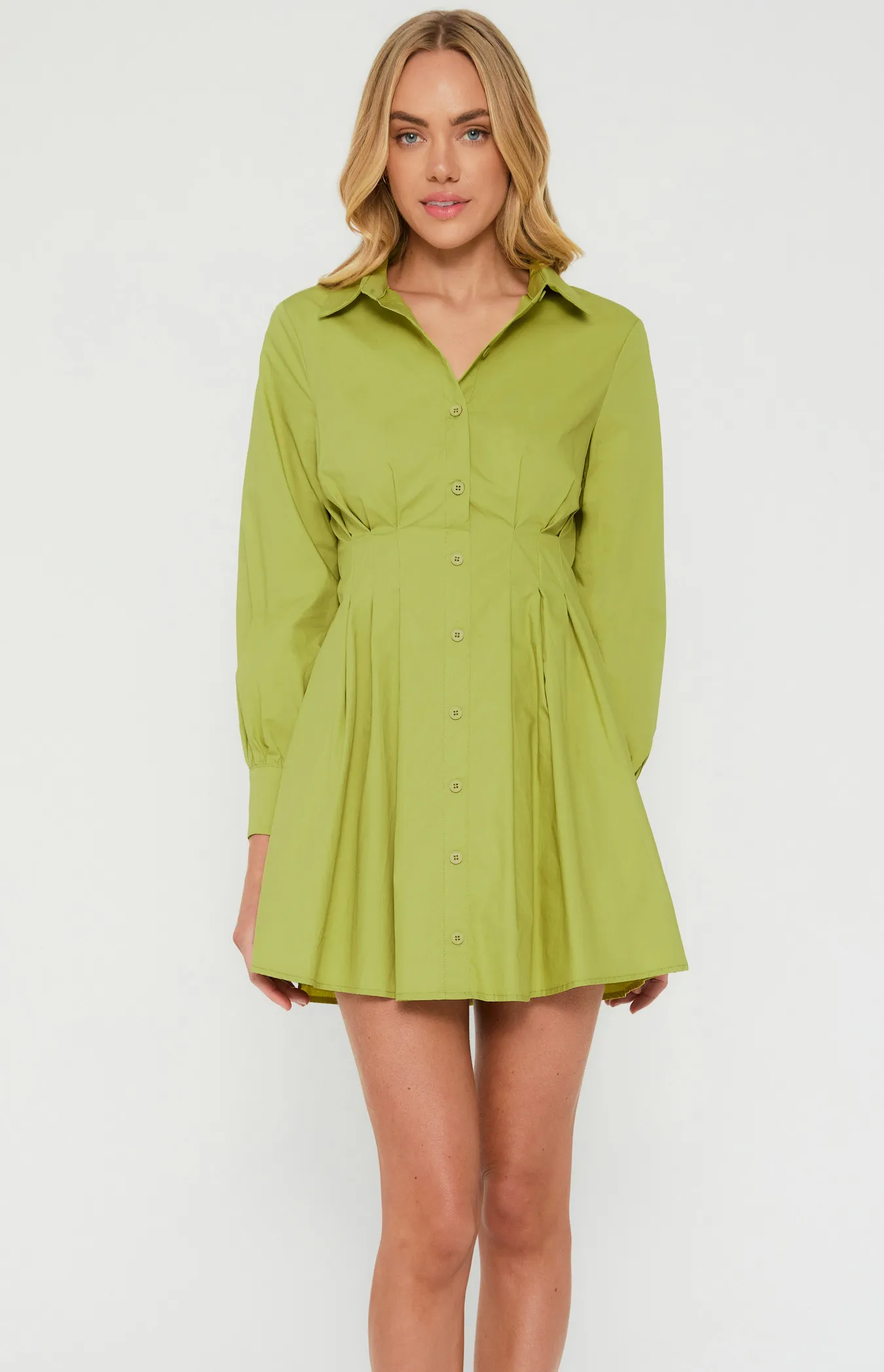 Long Sleeve Shirt Dress with Pleated Waist Details (WDR558A)