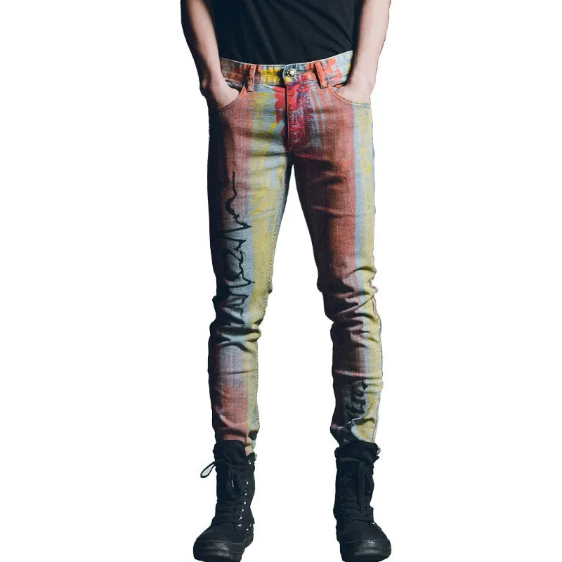 Men's Denim Painting Pattern Mid Waist Skinny Straight Leg Jeans