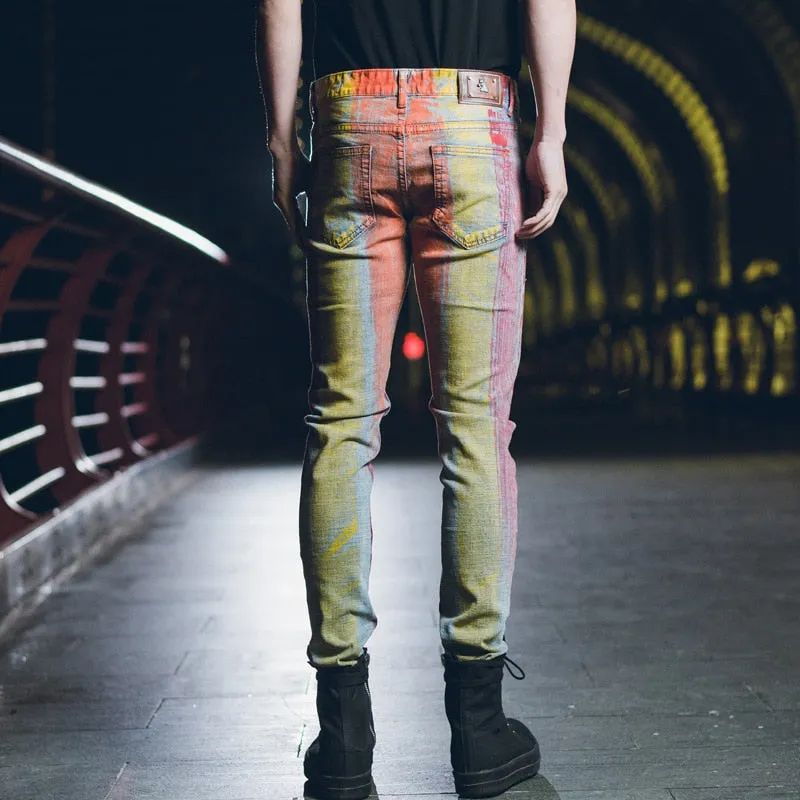 Men's Denim Painting Pattern Mid Waist Skinny Straight Leg Jeans