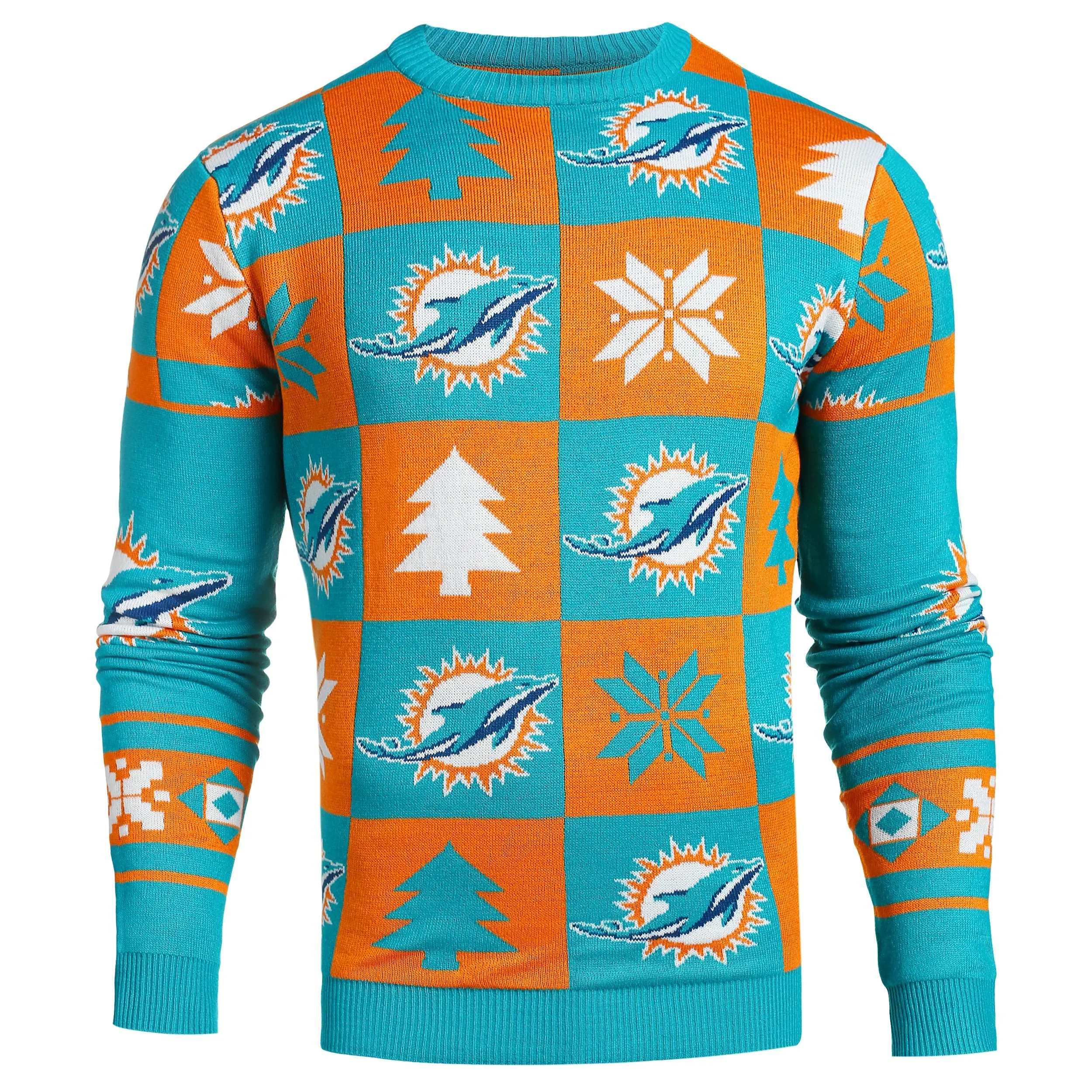 Miami Dolphins NFL Forever Collectibles Aqua & Orange Knit Patches Ugly Sweater