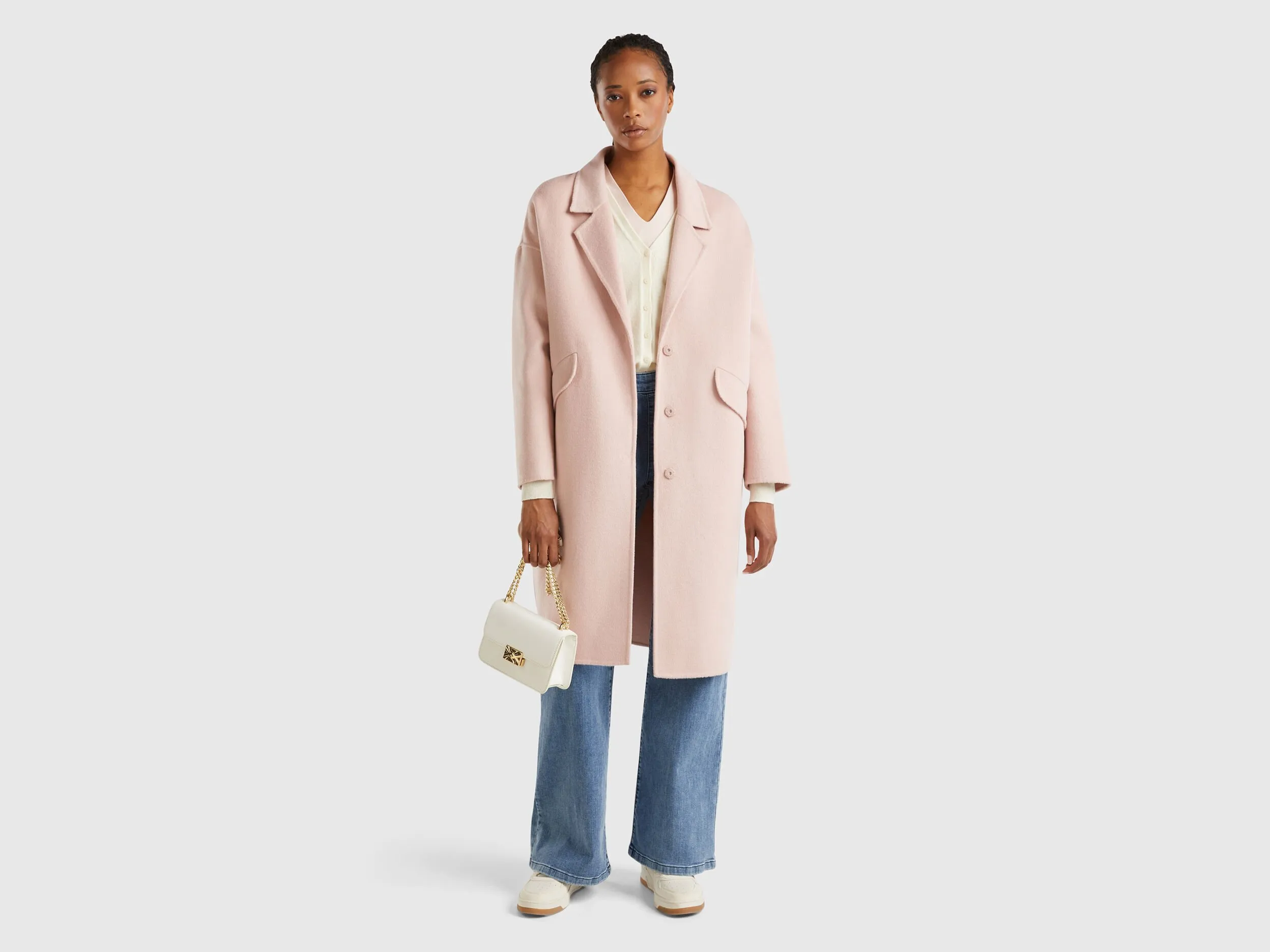 Midi coat in wool blend - Pink | Benetton