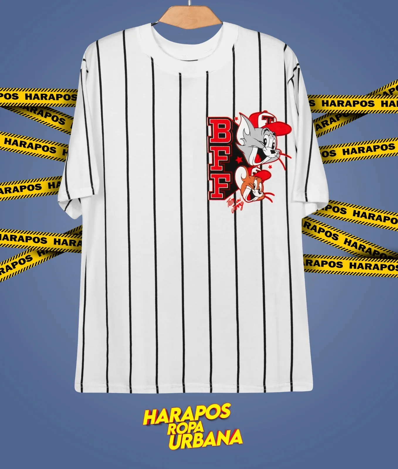 Polera Rose London oversize Tom y Jerry blanca a rayas