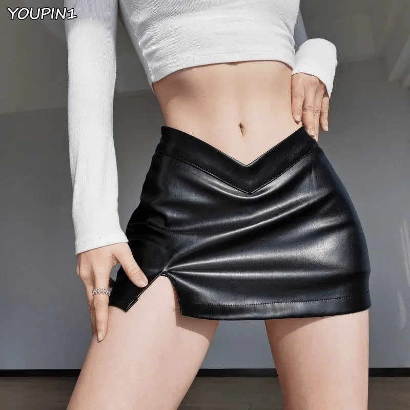 PU Leather Short Skirt Sexy Split Slim High Waisted A-line Mini Skirt