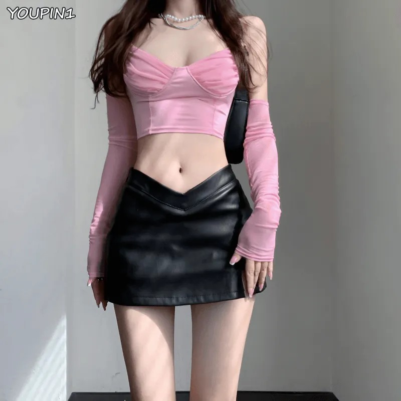 PU Leather Short Skirt Sexy Split Slim High Waisted A-line Mini Skirt