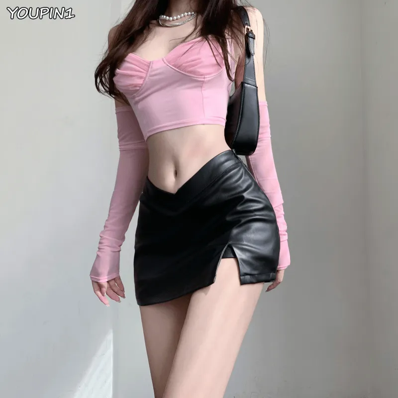 PU Leather Short Skirt Sexy Split Slim High Waisted A-line Mini Skirt