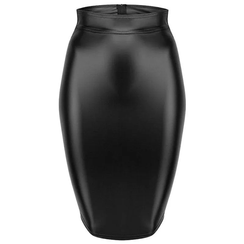 PU Leather Strappy Zipper Hip Wrap Pencil Midi Skirt