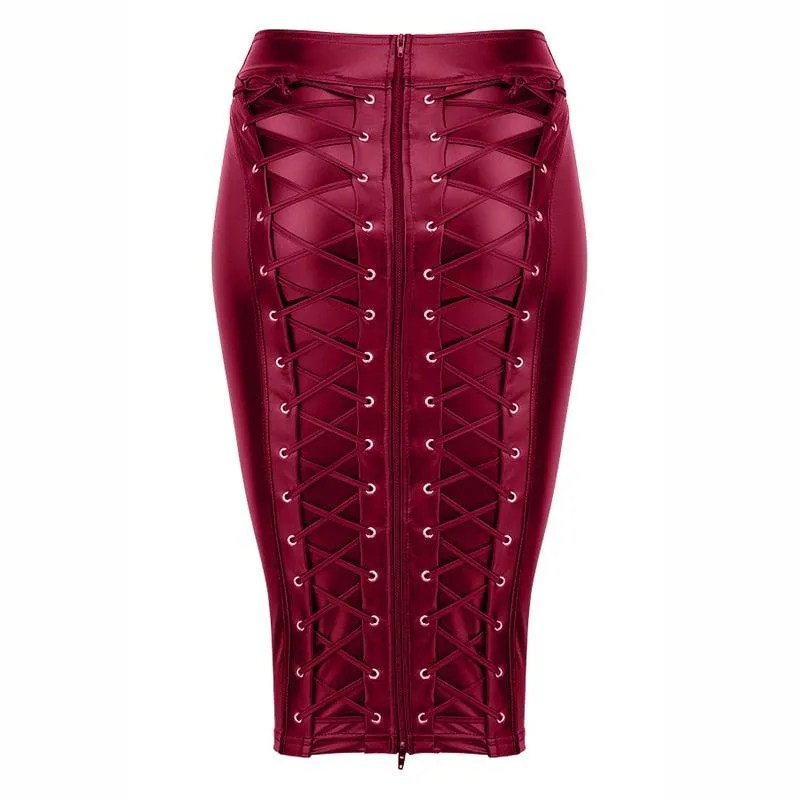 PU Leather Strappy Zipper Hip Wrap Pencil Midi Skirt