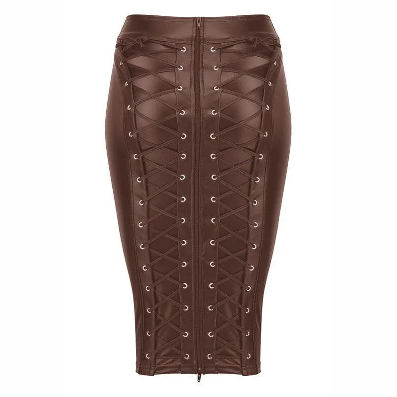 PU Leather Strappy Zipper Hip Wrap Pencil Midi Skirt