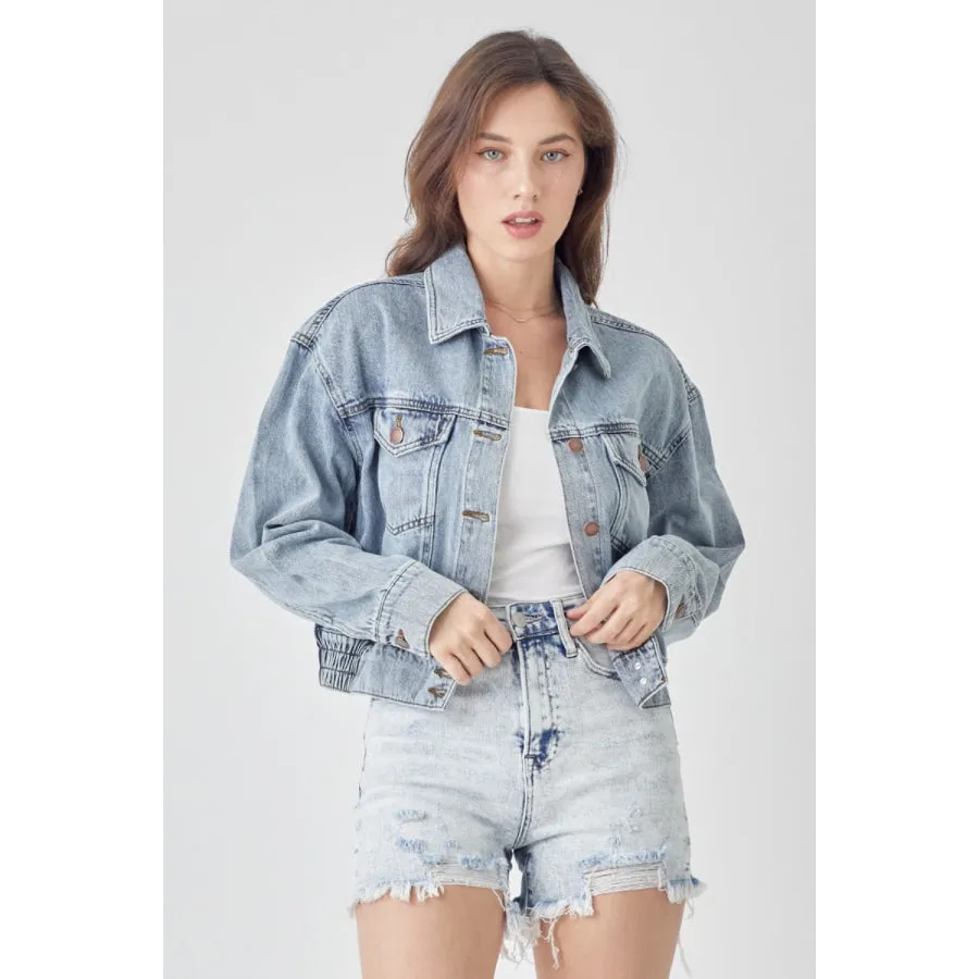 RISEN Full Size Button Down Cropped Denim Jacket