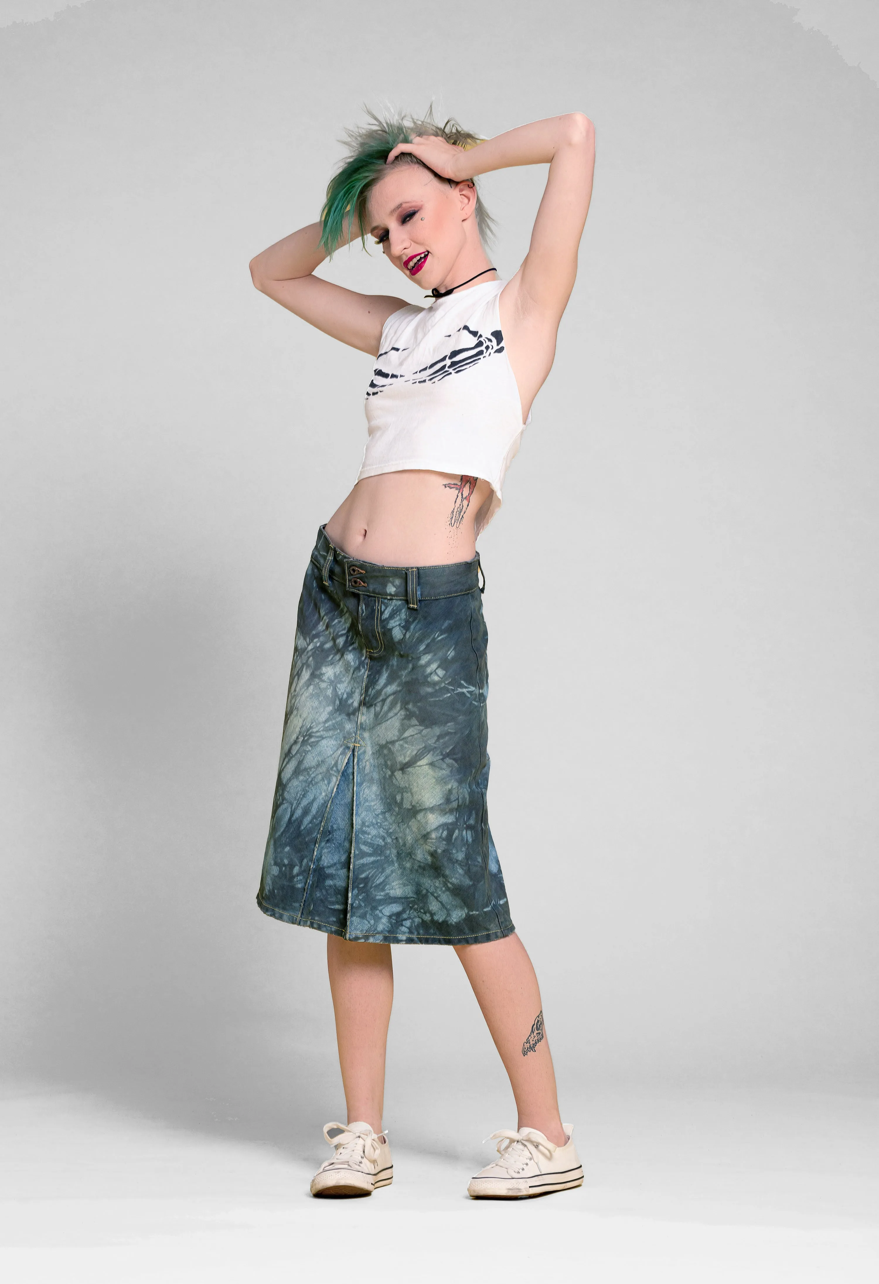 Tie dye blue & black midi denim skirt | Size S