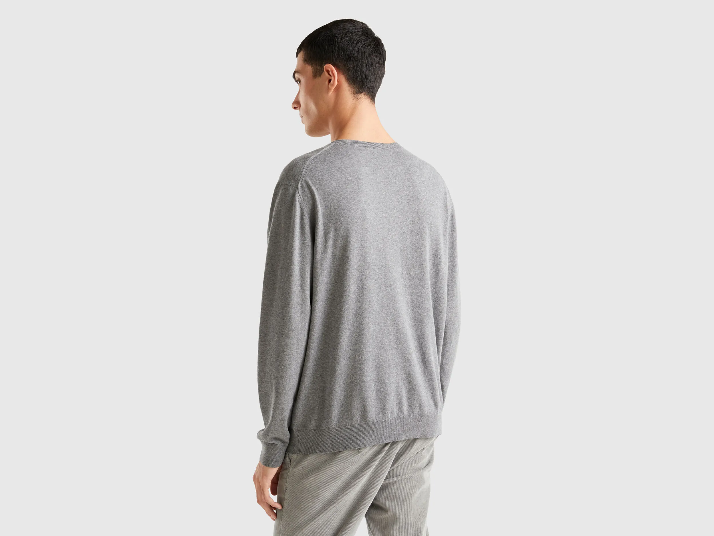 V-neck sweater in lightweight cotton blend - Dark Gray | Benetton