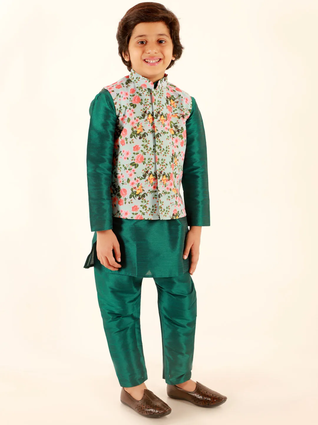 Vastramay Boys Aqua Floral Printed Nehru Jacket