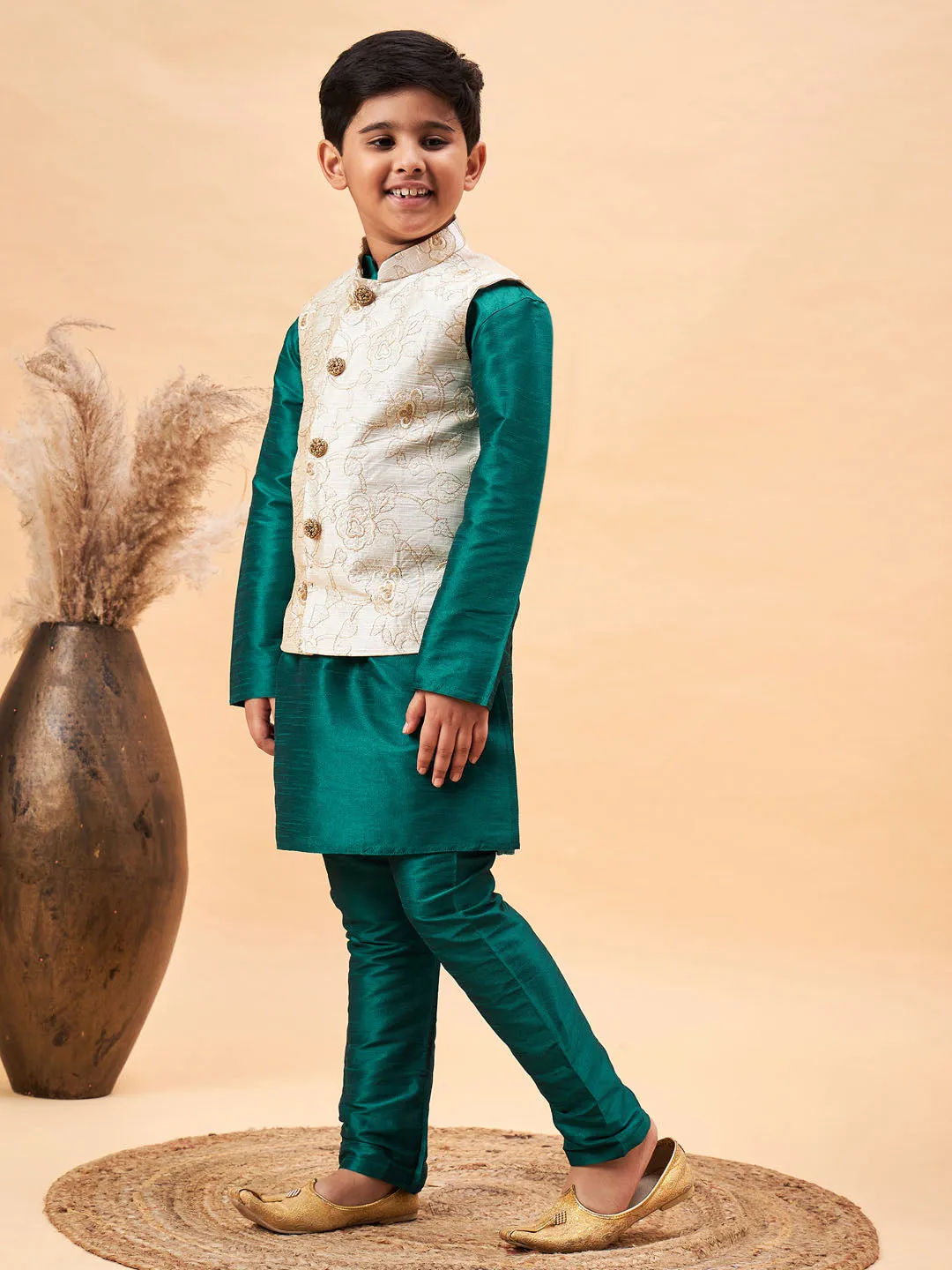 VASTRAMAY Boy's Beige Woven Nehru Jacket With Green Kurta Pyjama Set