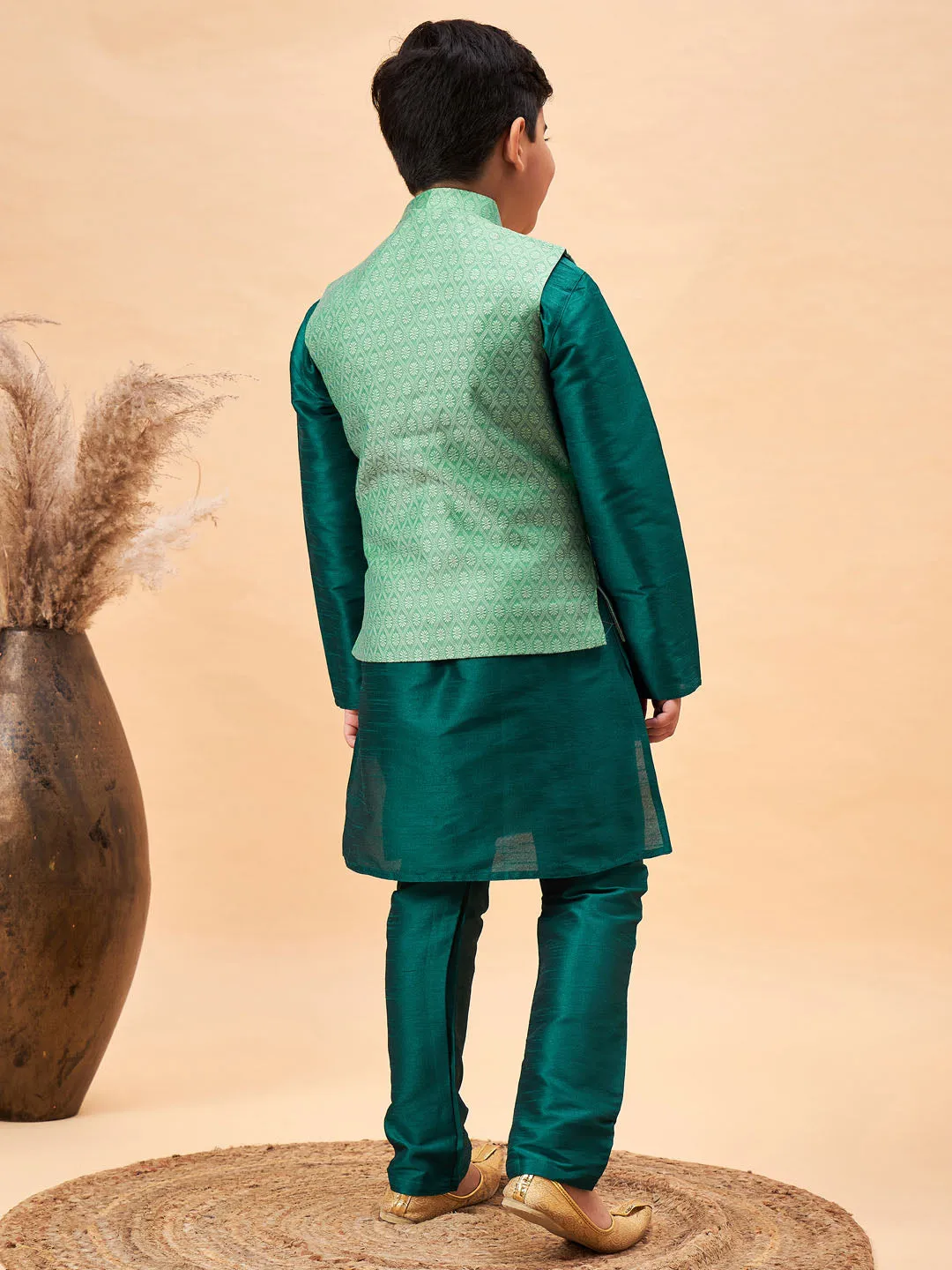 VASTRAMAY Boy's Green Woven Nehru Jacket With Green Kurta Pyjama Set