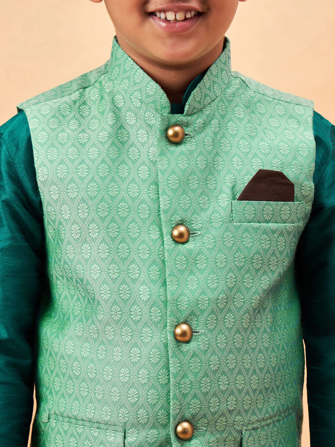 VASTRAMAY Boy's Green Woven Nehru Jacket With Green Kurta Pyjama Set