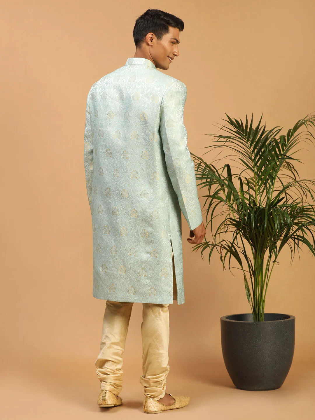 VASTRAMAY Men's Aqua Blue Woven Indo Western With Gold Pyjama Set