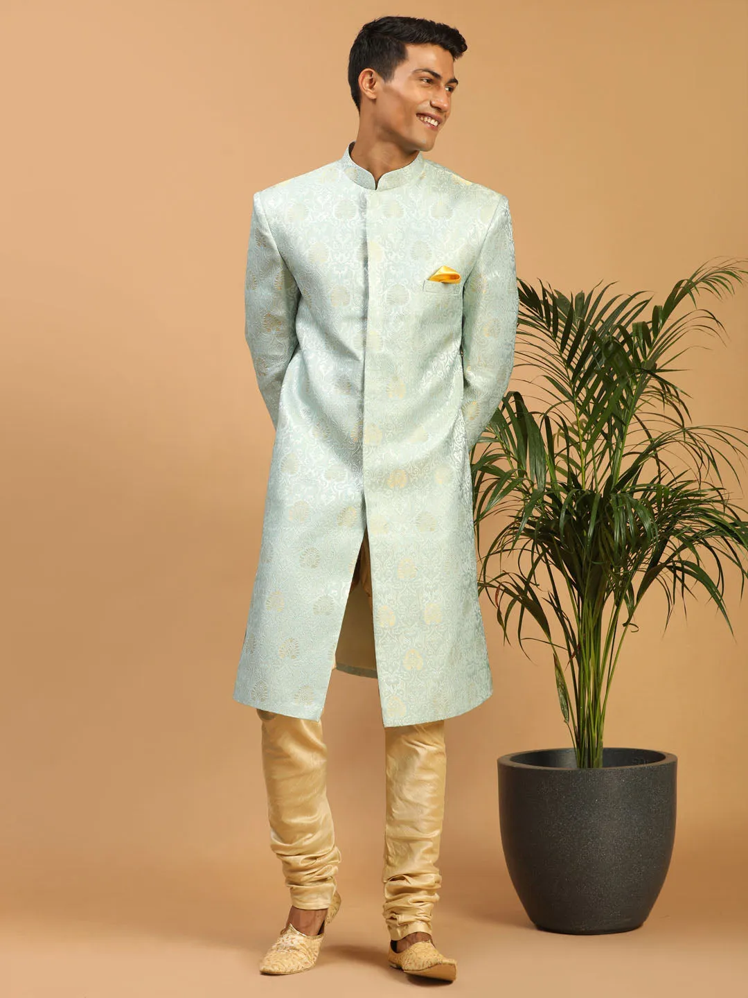 VASTRAMAY Men's Aqua Blue Woven Indo Western With Gold Pyjama Set