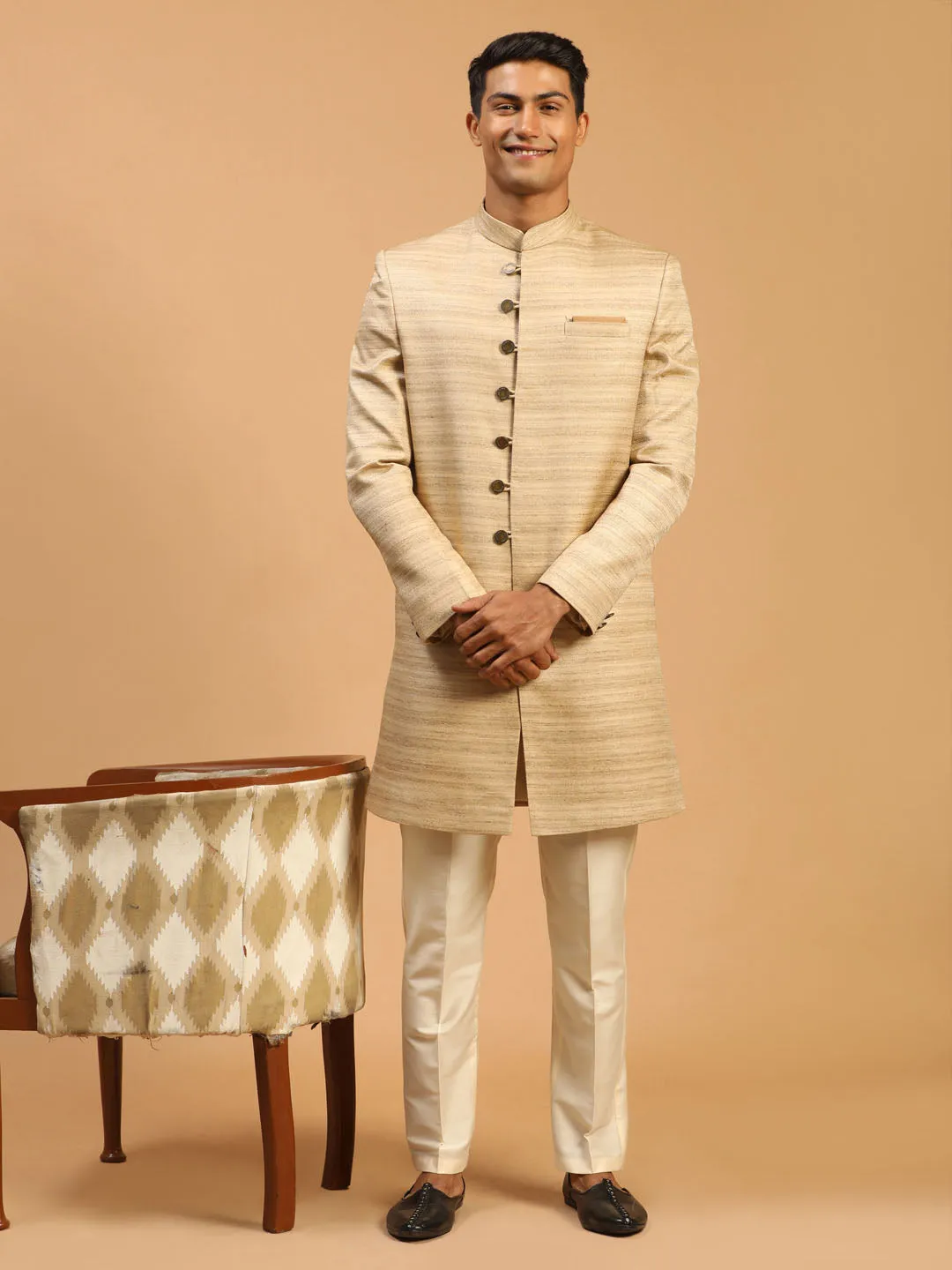 VASTRAMAY Men's Beige Sherwani Set