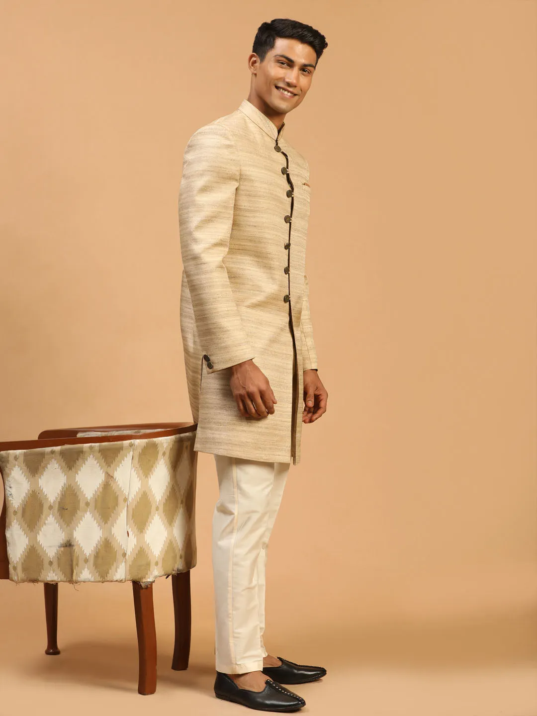 VASTRAMAY Men's Beige Sherwani Set