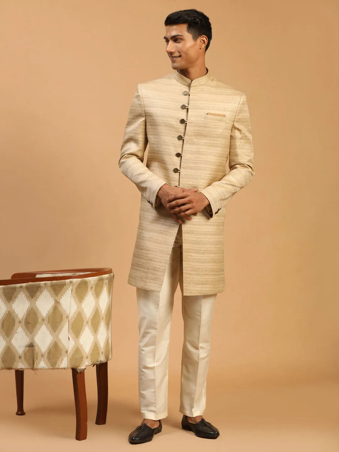 VASTRAMAY Men's Beige Sherwani Set