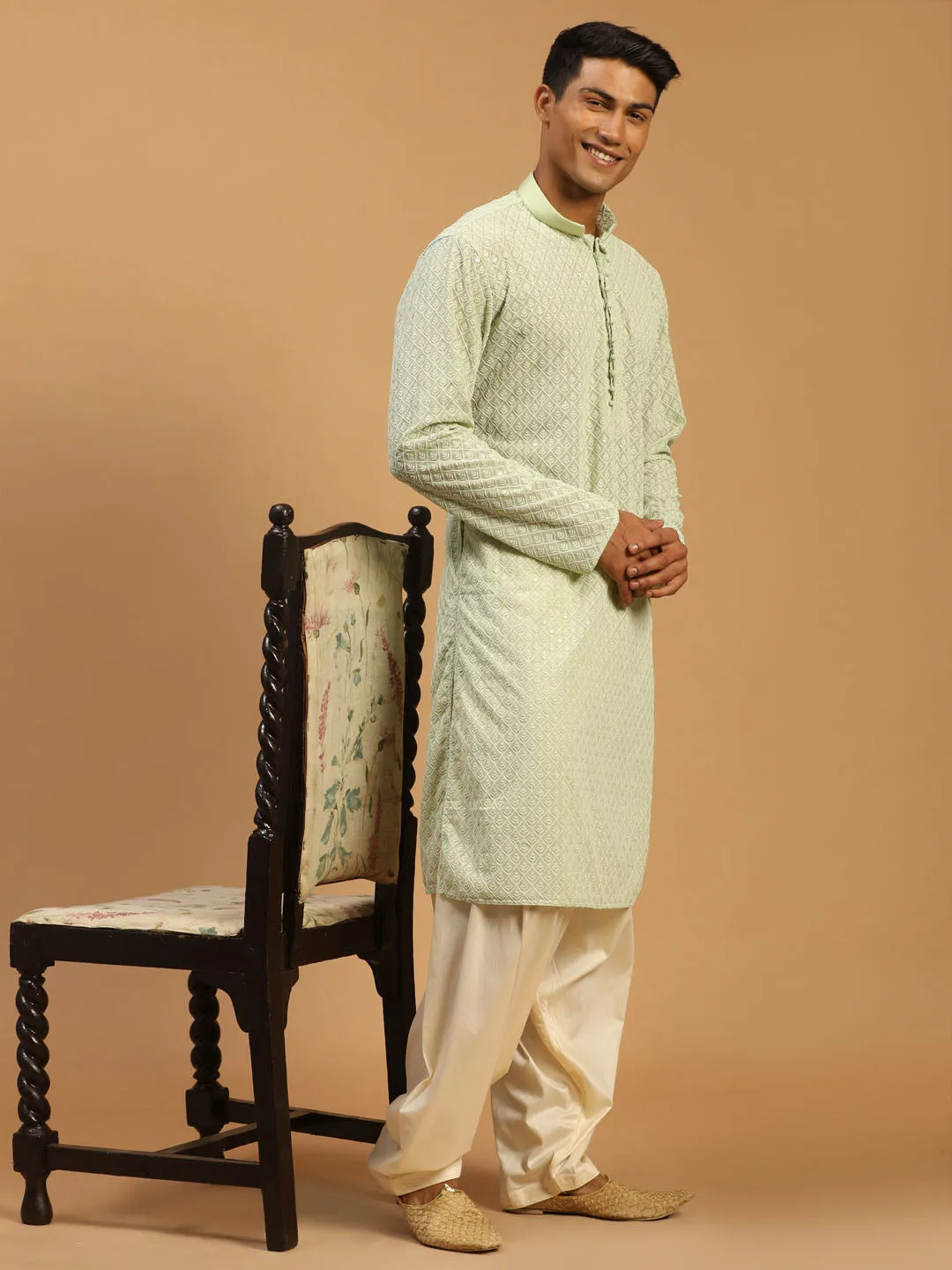 Vastramay Men's Green Embroidery Worked Georgette Kurta With Cream Patiala Set