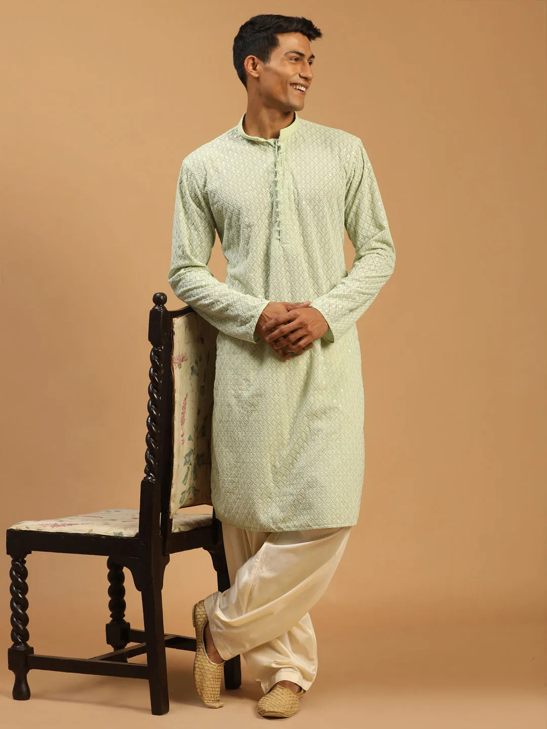 Vastramay Men's Green Embroidery Worked Georgette Kurta With Cream Patiala Set