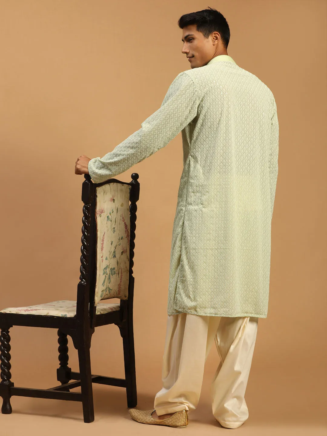 Vastramay Men's Green Embroidery Worked Georgette Kurta With Cream Patiala Set