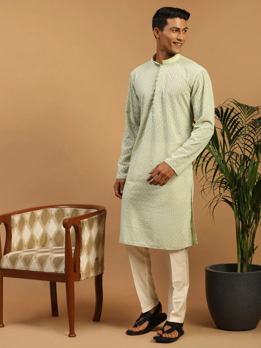 Vastramay Men's Green Embroidery  Worked Georgette Kurta With Pant Style Pyjama Set