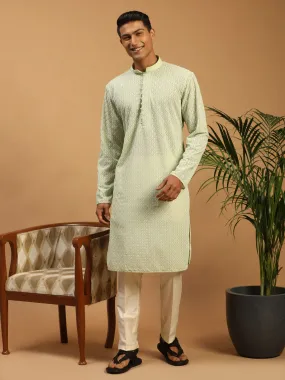 Vastramay Men's Green Embroidery  Worked Georgette Kurta With Pant Style Pyjama Set