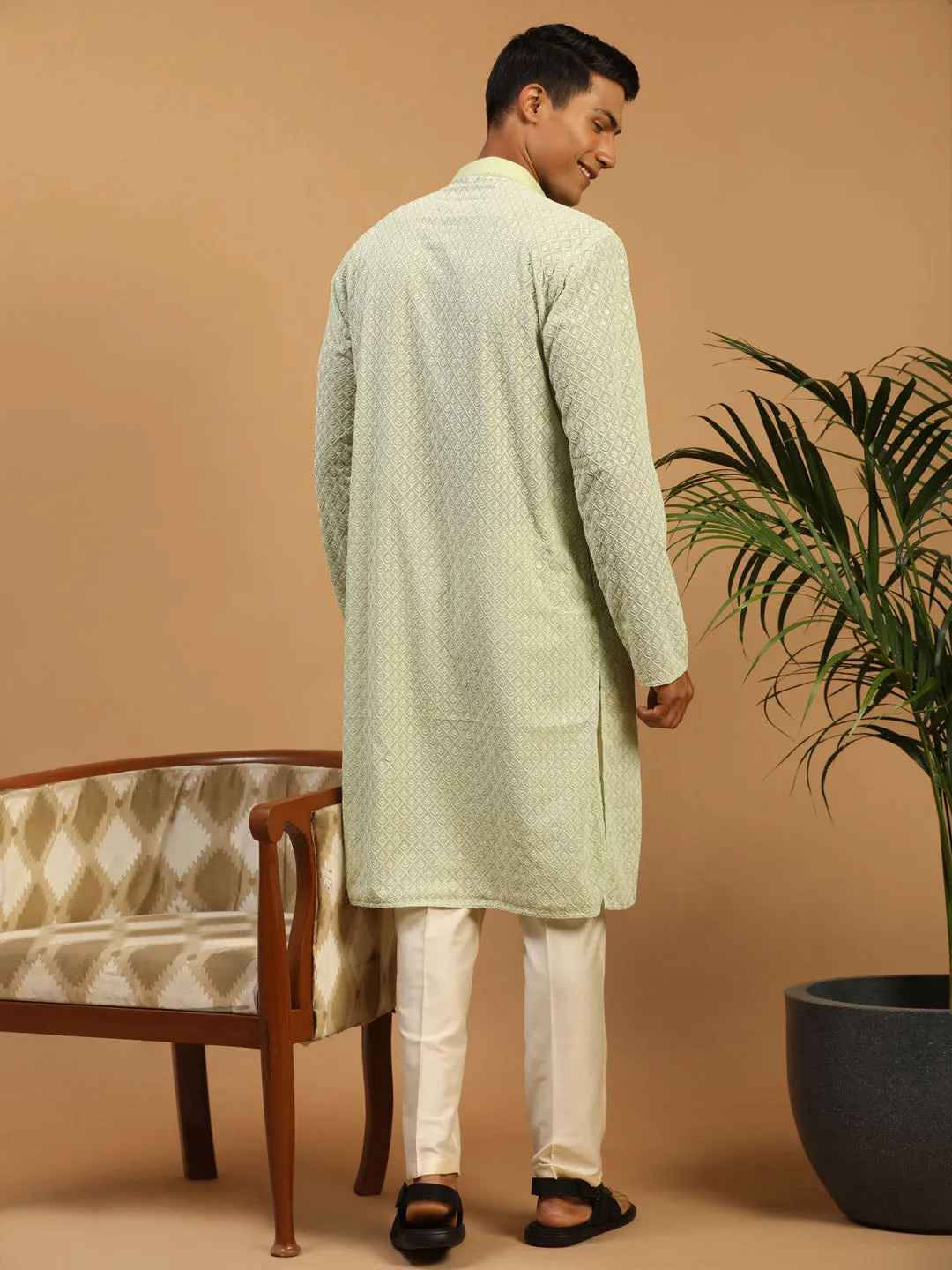 Vastramay Men's Green Embroidery  Worked Georgette Kurta With Pant Style Pyjama Set