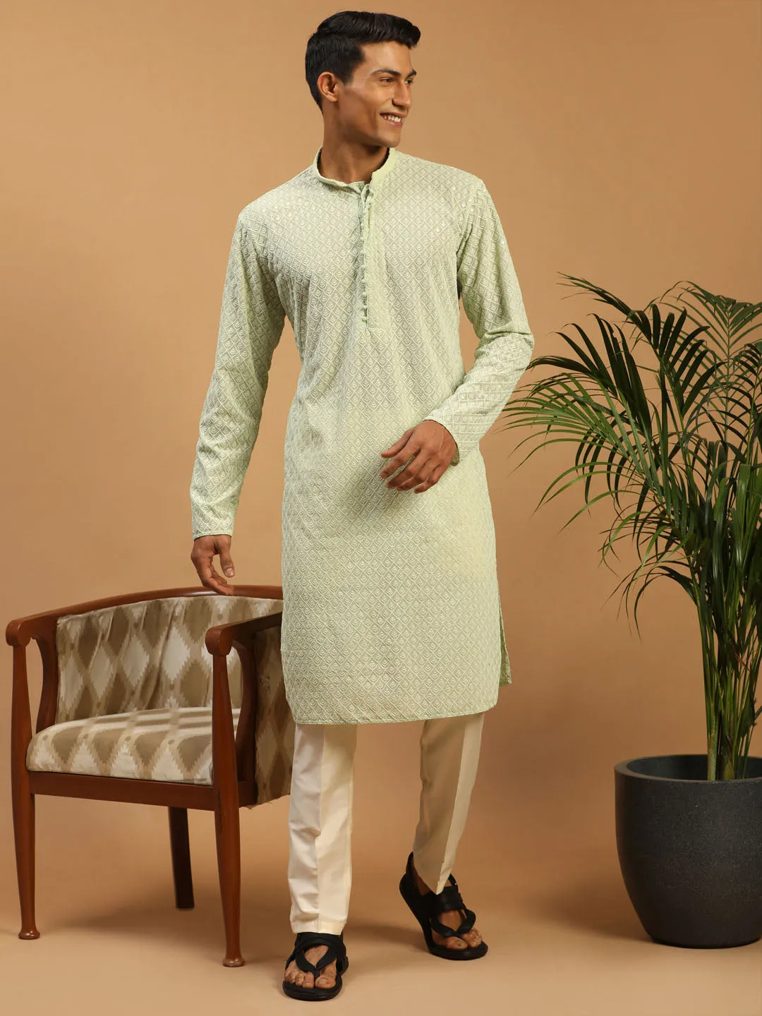 Vastramay Men's Green Embroidery  Worked Georgette Kurta With Pant Style Pyjama Set