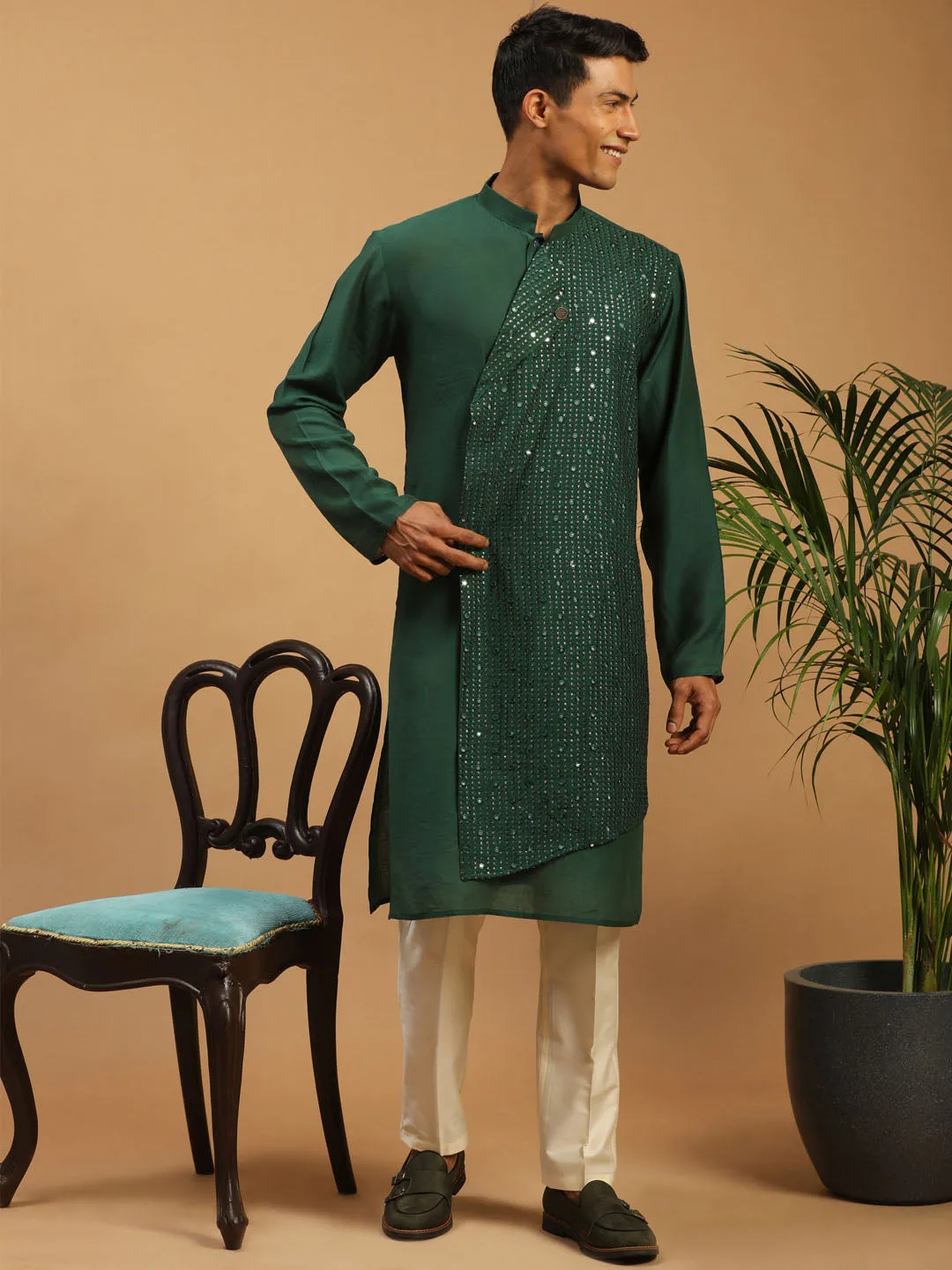 VASTRAMAY Men's Green Sequined Layered Kurta With Cream Pant Style Pyjama Set