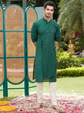 VASTRAMAY Men's Green Sequined Layered Kurta With Cream Pant Style Pyjama Set