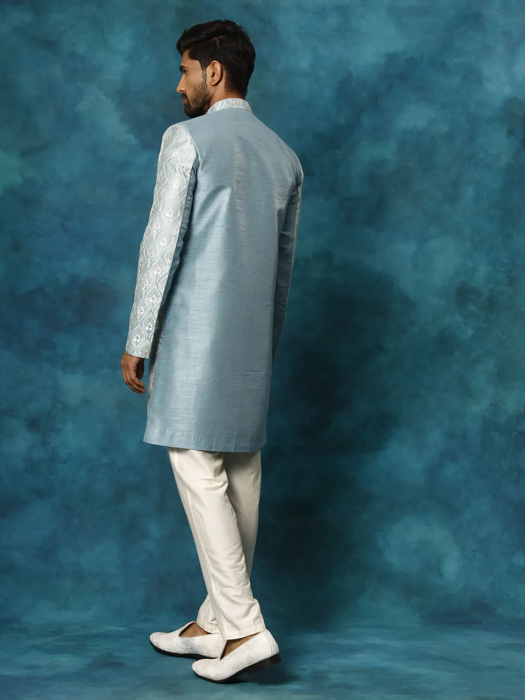 VASTRAMAY Men's Mint Green Pastel Embroidered Sherwani Set