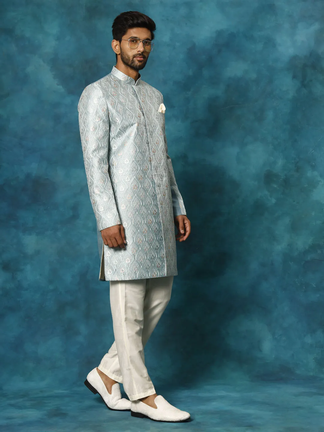 VASTRAMAY Men's Mint Green Pastel Embroidered Sherwani Set